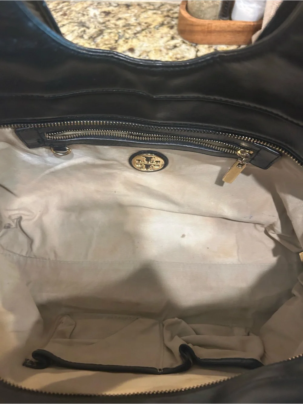 Tory Burch Black Leather Logo Tote with Gold Hardware